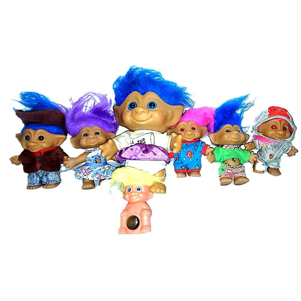 (3E) 7 Mixed Size Vintage Gem Belly Ace Novelty Treasure Troll Doll Lot of 7